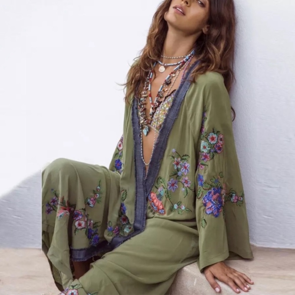 Olive Floral Embroidered Coverup Kimono Robe Wrap